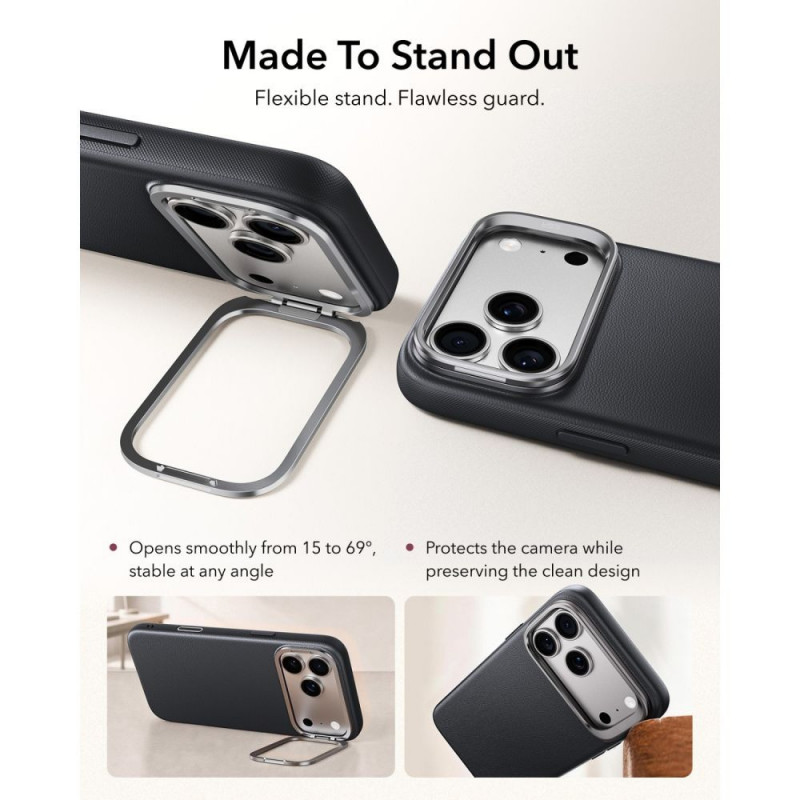 ESR Leather Kickstand MagSafe vāciņš Apple iPhone 17 Pro Max / 18 Pro Max, melns