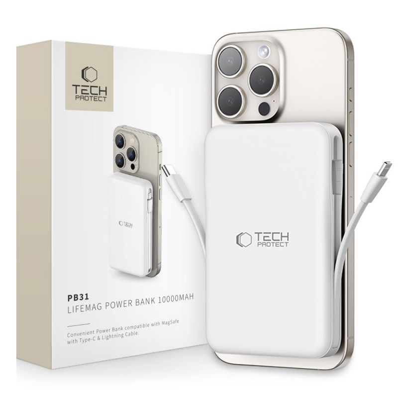 Tech-Protect PB31 LifeMag MagSafe bezvadu ārējais akumulators 10000 mAh, 15 W, balts