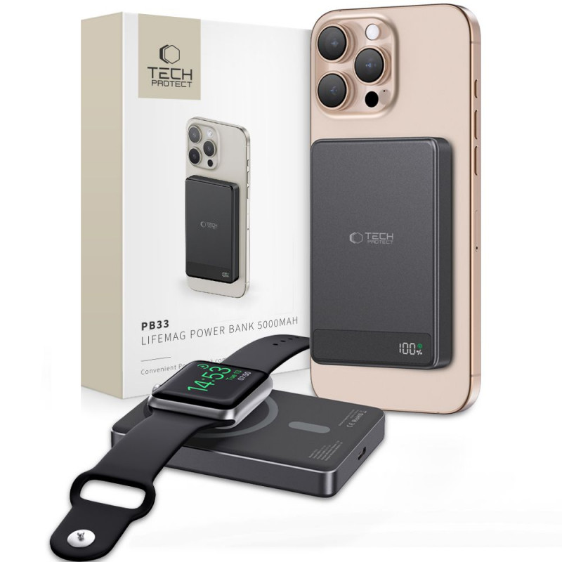 Tech-Protect PB33 LifeMag MagSafe pārnēsājamais akumulators 5000 mAh, 15 W, melns