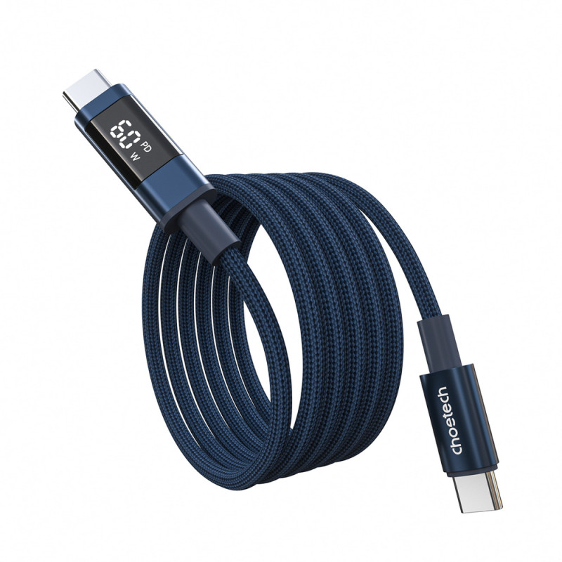 Choetech XCC-1068 PD 60W USB-C–USB-C kabelis ar displeju, 1,2 m, zils