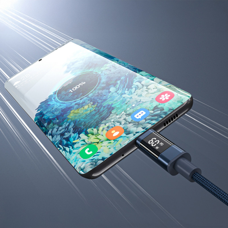 Choetech XCC-1068 PD 60W USB-C–USB-C kabelis ar displeju, 1,2 m, zils