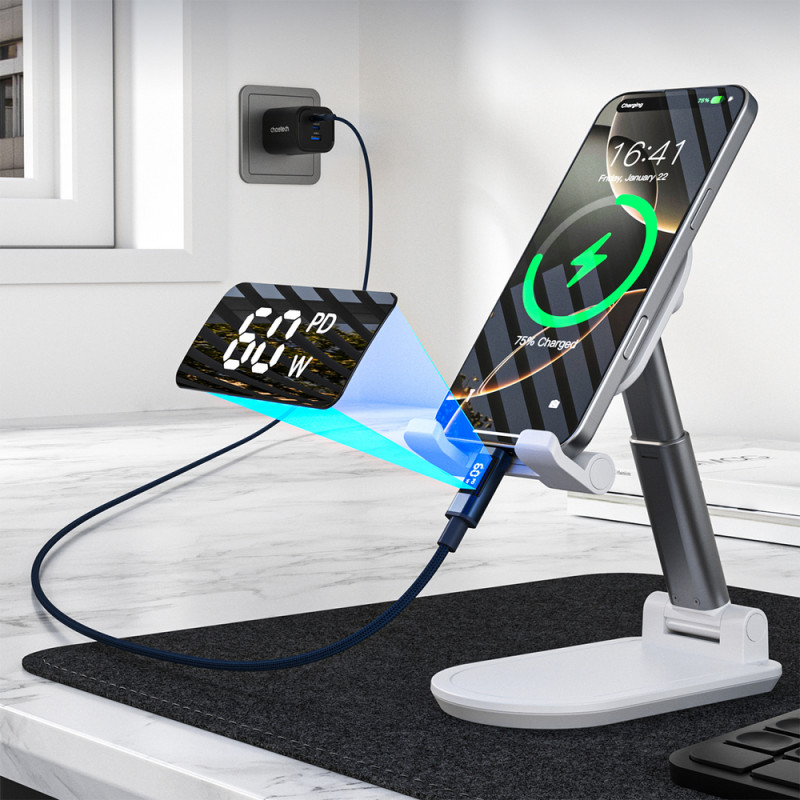 Choetech XCC-1068 PD 60W USB-C–USB-C kabelis ar displeju, 1,2 m, zils
