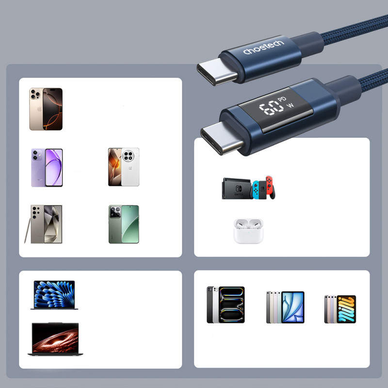 Choetech XCC-1068 PD 60W USB-C–USB-C kabelis ar displeju, 1,2 m, zils