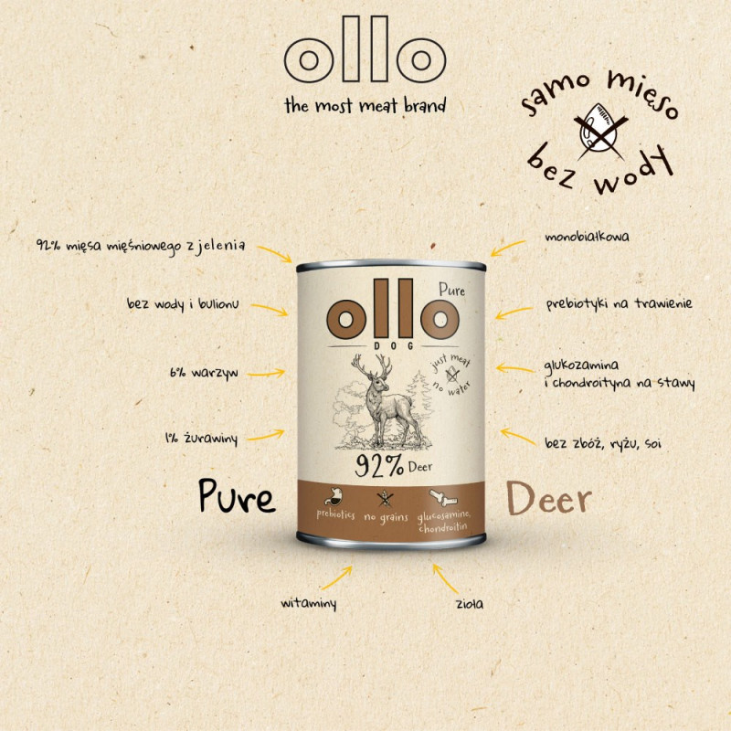 OLLO Pure Deer mitrā barība suņiem, 850 g
