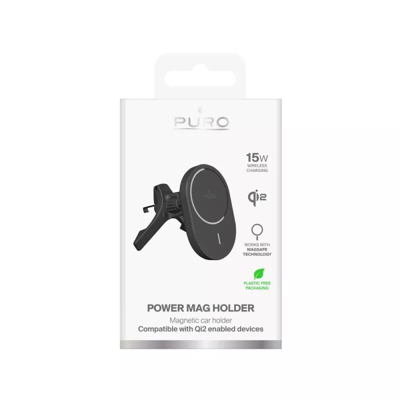 PURO automašīnas turētājs ar Qi2 lādētāju, saderīgs ar MagSafe, melns