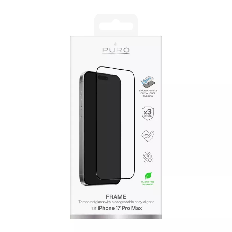 PURO Frame rūdītais stikls iPhone 17 Pro Max ar aplikatoru un melnu rāmi