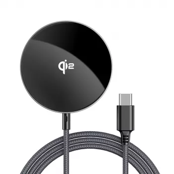 Acefast E24 Qi2 15W magnētiskais bezvadu lādētājs ar 1,2 m USB-C kabeli, melns