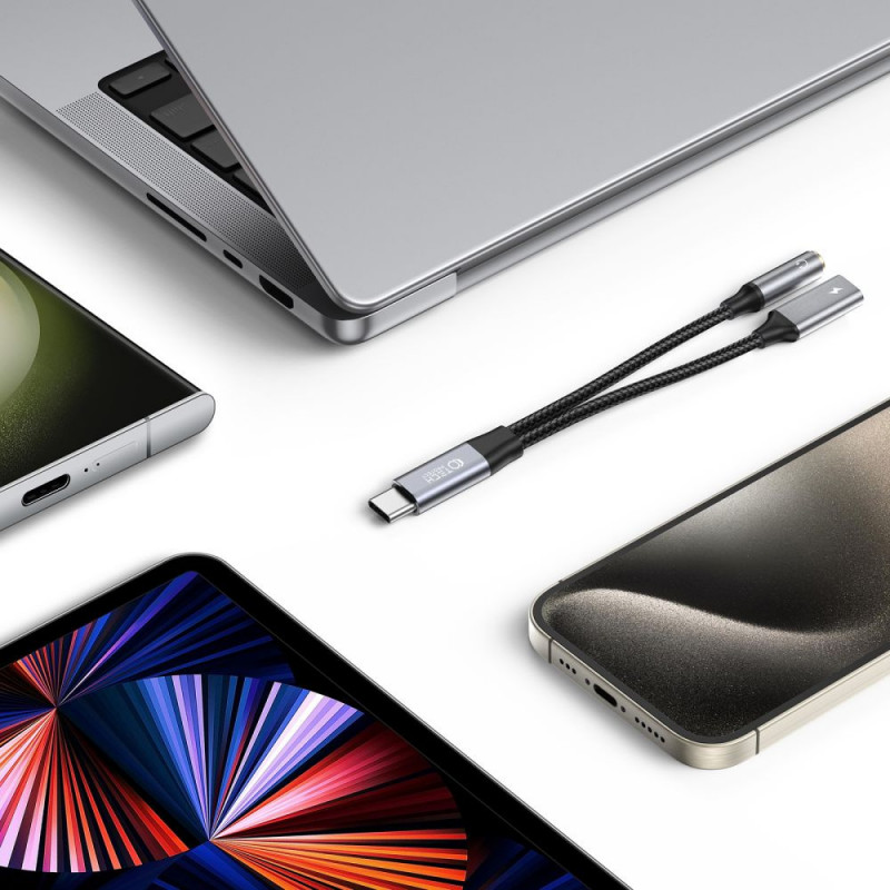 Tech-Protect Ultraboost USB-C uz USB-C un mini jack 3.5 mm adapteris, 60W, melns