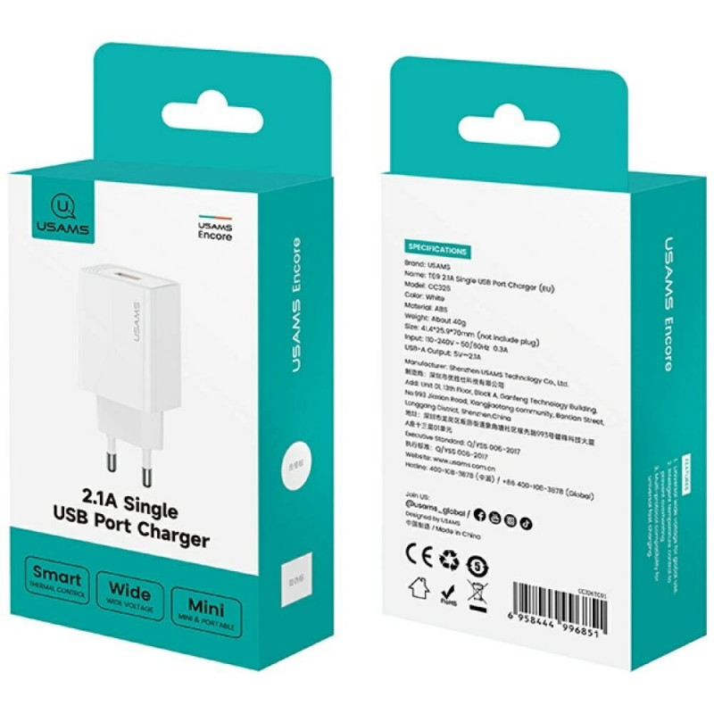 USAMS CC326 T69 USB-A sienas lādētājs, 10.5 W, 2.1 A, balts