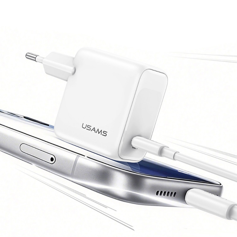 USAMS CC339 T76 45W GaN USB-C sienas lādētājs ar SJ711 USB-C–USB-C kabeli (1 m), balts