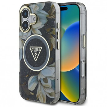 Guess Glitter Flowers Triangle Buttons MagSafe vāciņš Apple iPhone 16, melns