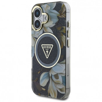 Guess Glitter Flowers Triangle Buttons MagSafe vāciņš Apple iPhone 16, melns