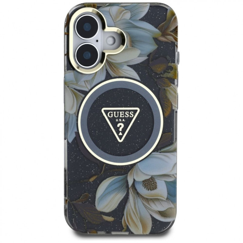 Guess Glitter Flowers Triangle Buttons MagSafe vāciņš Apple iPhone 16, melns