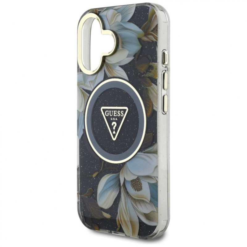 Guess Glitter Flowers Triangle Buttons MagSafe vāciņš Apple iPhone 16, melns