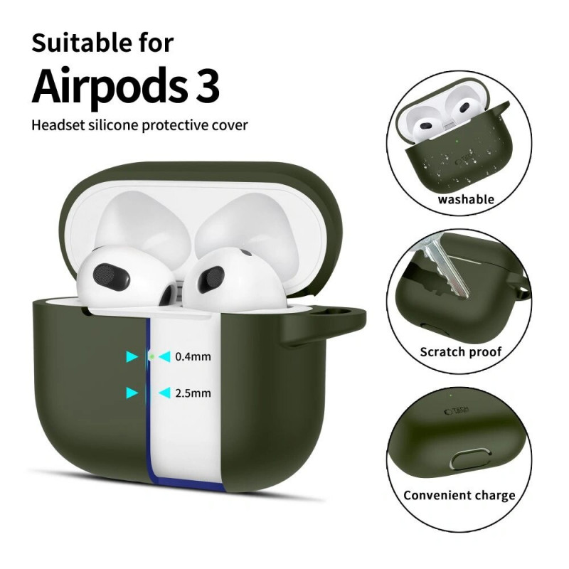 Tech-Protect Silicone Hook silikona maciņš Apple AirPods 3 ar karabīni, Olive Green