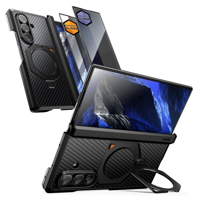 Supcase UB Aero MagSafe maciņš Samsung Galaxy Z Fold 8 Ultra ar rūdīto stiklu un privātuma stiklu, Aramid Black