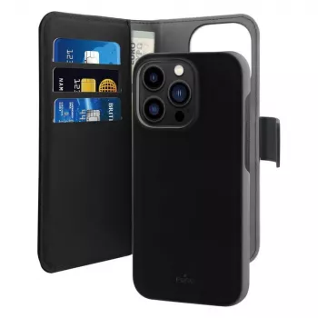 Puro Wallet Detachable MagSafe 2in1 PU ādas maciņš ar atloku un somiņu iPhone 14 Pro Max, melns