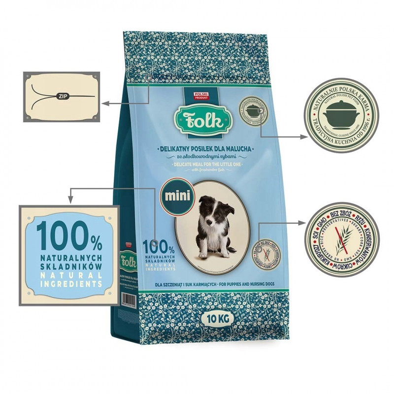 FOLK Delicate Meal for Puppies with Freshwater Fish Mini sausā barība kucēniem, 10 kg