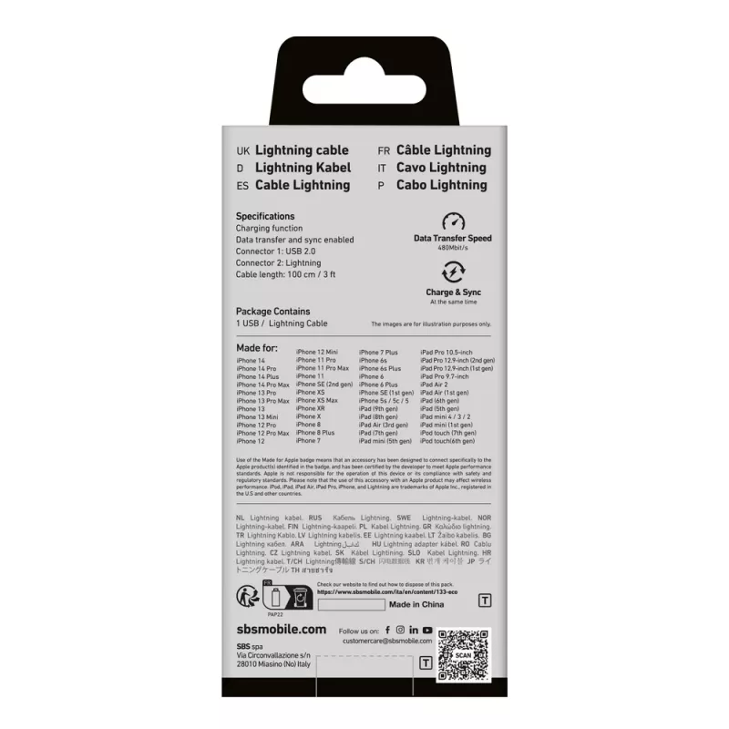 SBS TECABLEUSBIP589A USB-A uz Lightning kabelis, 1 m, zils