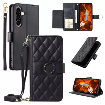 Hurtel Samsung Galaxy A37 5G PU ādas maciņa futrālis ar statīvu un pleca siksniņu, melns
