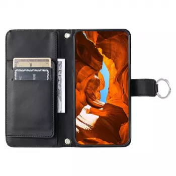 Hurtel Samsung Galaxy A37 5G PU ādas maciņa futrālis ar statīvu un pleca siksniņu, melns