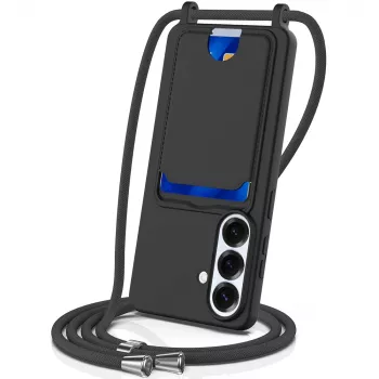 Hurtel Samsung Galaxy S26 TPU apvalks ar kartes turētāju un šķērssiksnu, melns