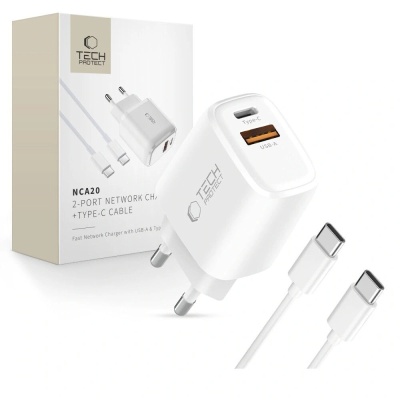 Tech-Protect NCA20 sienas lādētājs USB-A / USB-C PD 20W / QC3.0 ar USB-C / USB-C kabeli 100 cm, balts