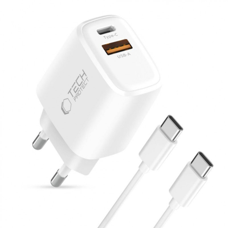 Tech-Protect NCA20 sienas lādētājs USB-A / USB-C PD 20W / QC3.0 ar USB-C / USB-C kabeli 100 cm, balts