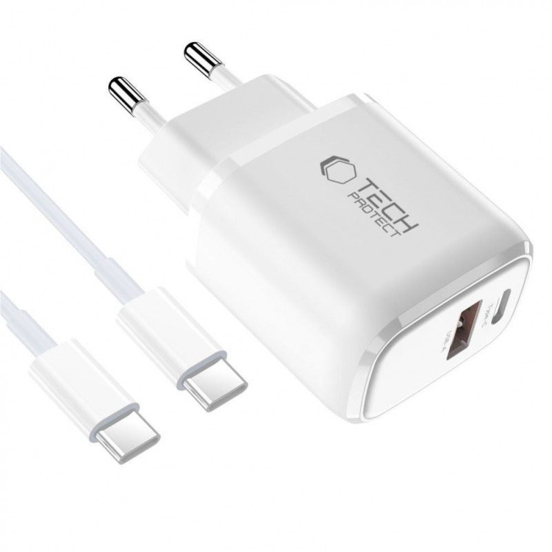 Tech-Protect NCA20 sienas lādētājs USB-A / USB-C PD 20W / QC3.0 ar USB-C / USB-C kabeli 100 cm, balts