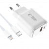 Tech-Protect NCA20 sienas lādētājs USB-A / USB-C PD 20W / QC3.0 ar USB-C / Lightning kabeli 100 cm, balts
