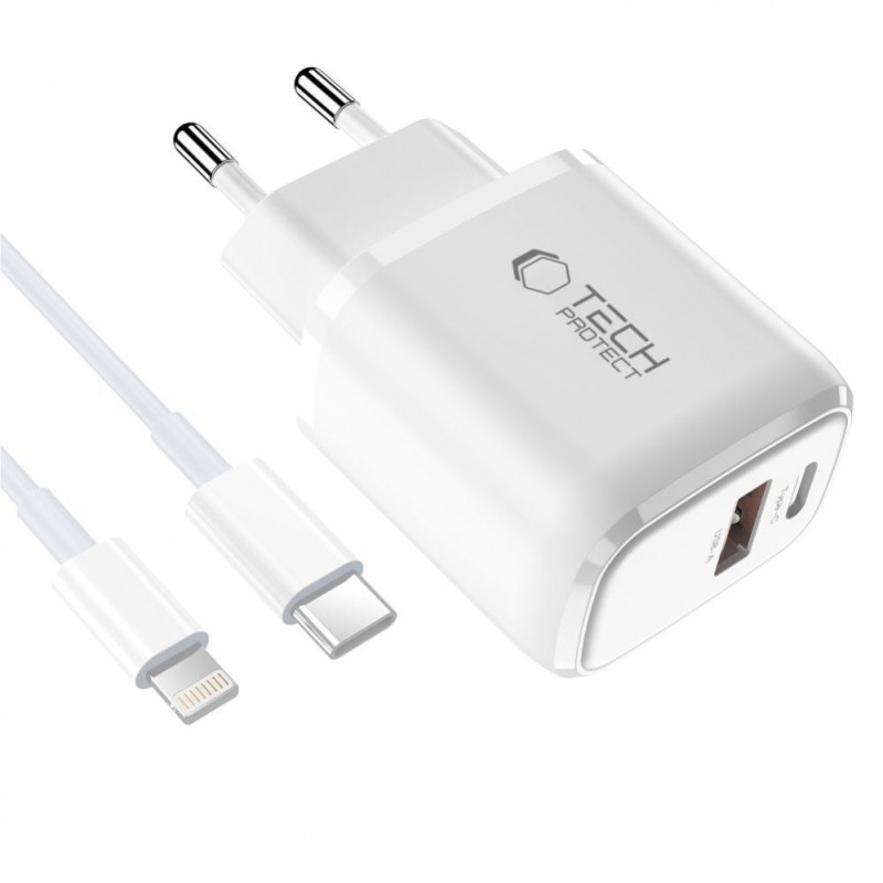 Tech-Protect NCA20 sienas lādētājs USB-A / USB-C PD 20W / QC3.0 ar USB-C / Lightning kabeli 100 cm, balts