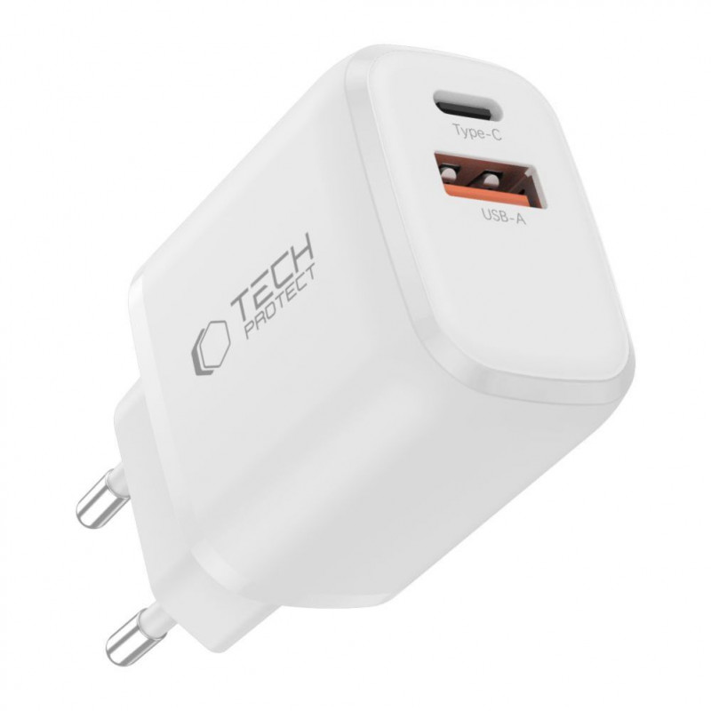 Tech-Protect NCA20 sienas lādētājs USB-A / USB-C PD 20W / QC3.0 ar USB-C / Lightning kabeli 100 cm, balts