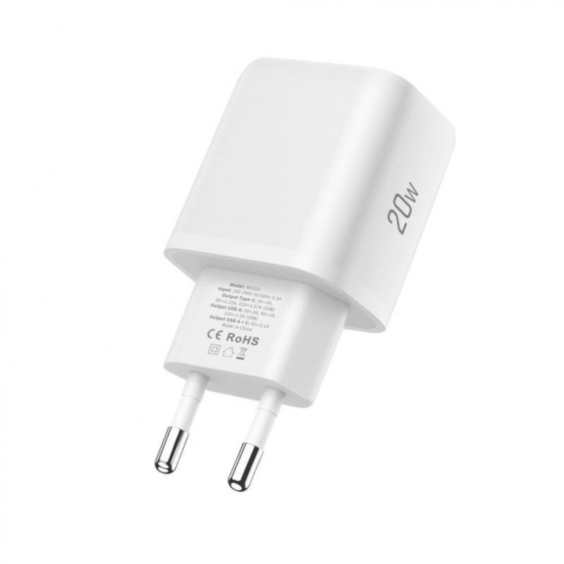 Tech-Protect NCA20 sienas lādētājs USB-A / USB-C PD 20W / QC3.0 ar USB-C / Lightning kabeli 100 cm, balts