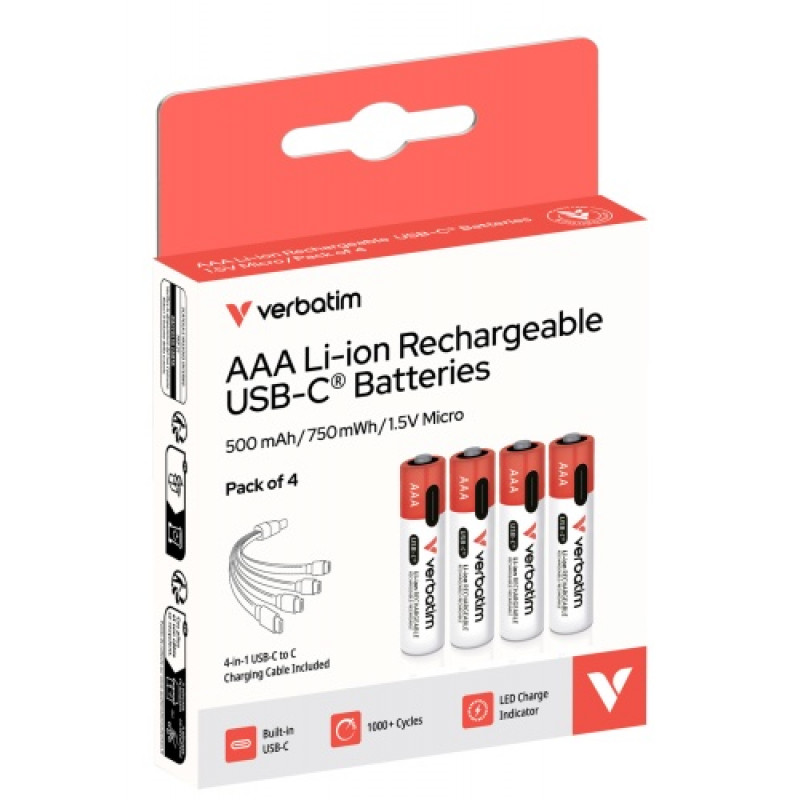 Verbatim 30250 USB-C uzlādējamas baterijas Li-ion AAA 500 mAh (4 gab.)