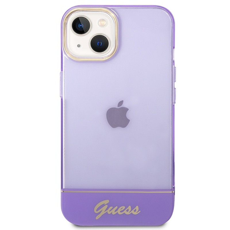 Guess GUHCP14SHGCOU caurspīdīgs cietais futrālis Apple iPhone 14 / 15 / 13 6.1 collu, purpura krāsā