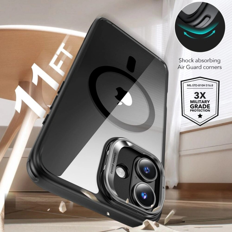 ESR Classic Hybrid Kickstand HaloLock MagSafe vāciņš ar rūdīto stiklu Apple iPhone 16 Plus, caurspīdīgs/melns