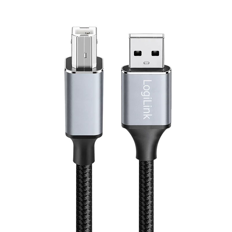 Logilink CU0108 USB 2.0 kabelis, USB-A/M uz USB-B/M, 480 Mbps, neilons, metāls, melns/sudrabs, 3 m