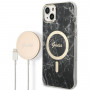 Guess GUBPP14SHMEACSK komplekts: apvāks un bezvadu lādētājs Apple iPhone 14 6.1", melns cietais apvāks Marble MagSafe