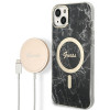 Guess GUBPP14SHMEACSK komplekts: apvāks un bezvadu lādētājs Apple iPhone 14 6.1", melns cietais apvāks Marble MagSafe