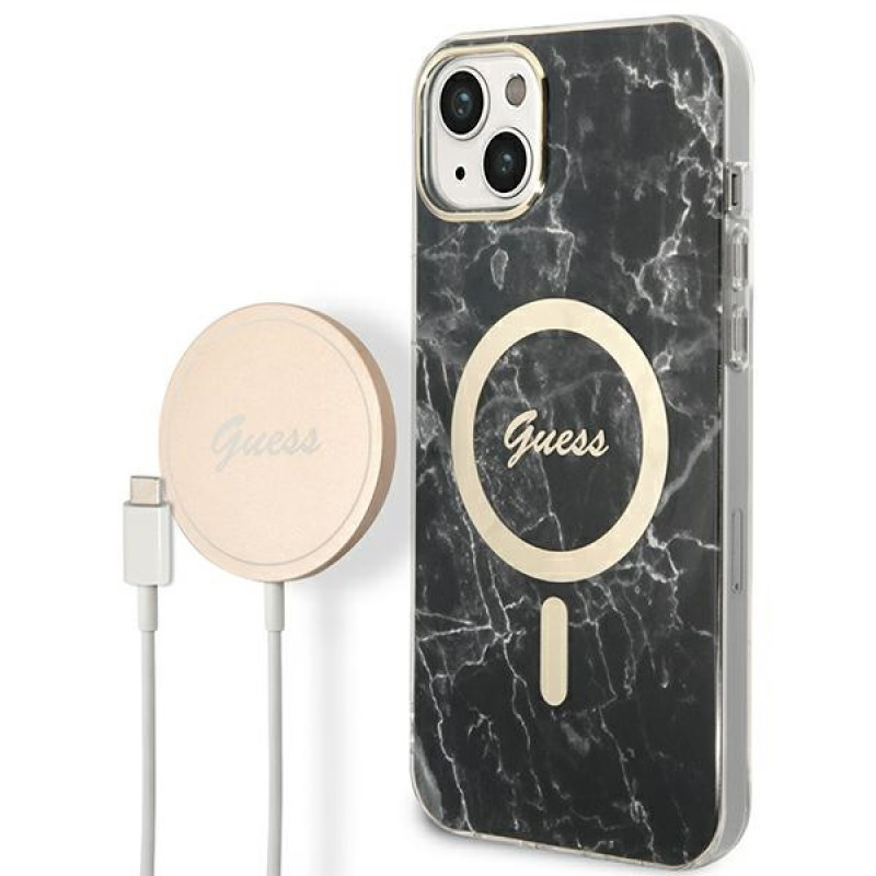 Guess GUBPP14SHMEACSK komplekts: apvāks un bezvadu lādētājs Apple iPhone 14 6.1", melns cietais apvāks Marble MagSafe
