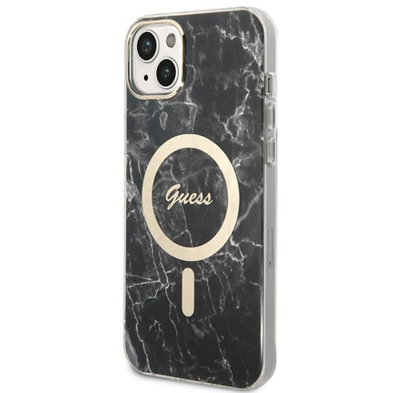 Guess GUBPP14SHMEACSK komplekts: apvāks un bezvadu lādētājs Apple iPhone 14 6.1", melns cietais apvāks Marble MagSafe