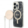 Guess GUBPP14LHMEACSK komplekts: apvāks un bezvadu lādētājs Apple iPhone 14 Pro 6.1", melns cietais apvāks Marble MagSafe