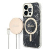 Guess GUBPP14LHMEACSK komplekts: apvāks un bezvadu lādētājs Apple iPhone 14 Pro 6.1", melns cietais apvāks Marble MagSafe