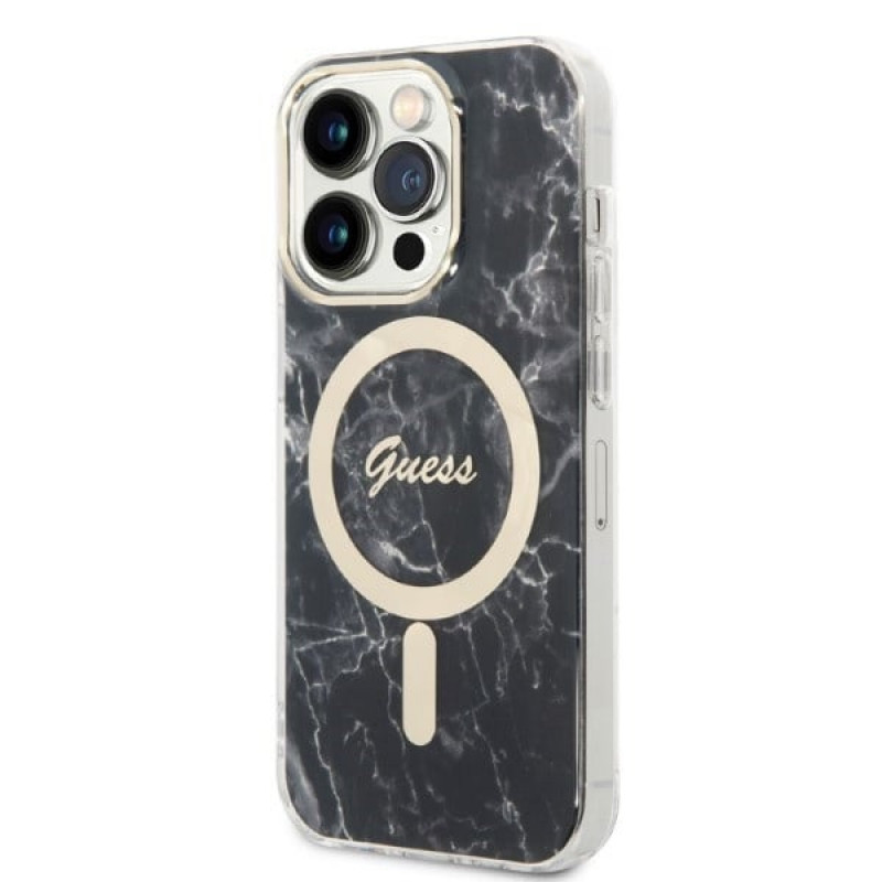 Guess GUBPP14LHMEACSK komplekts: apvāks un bezvadu lādētājs Apple iPhone 14 Pro 6.1", melns cietais apvāks Marble MagSafe