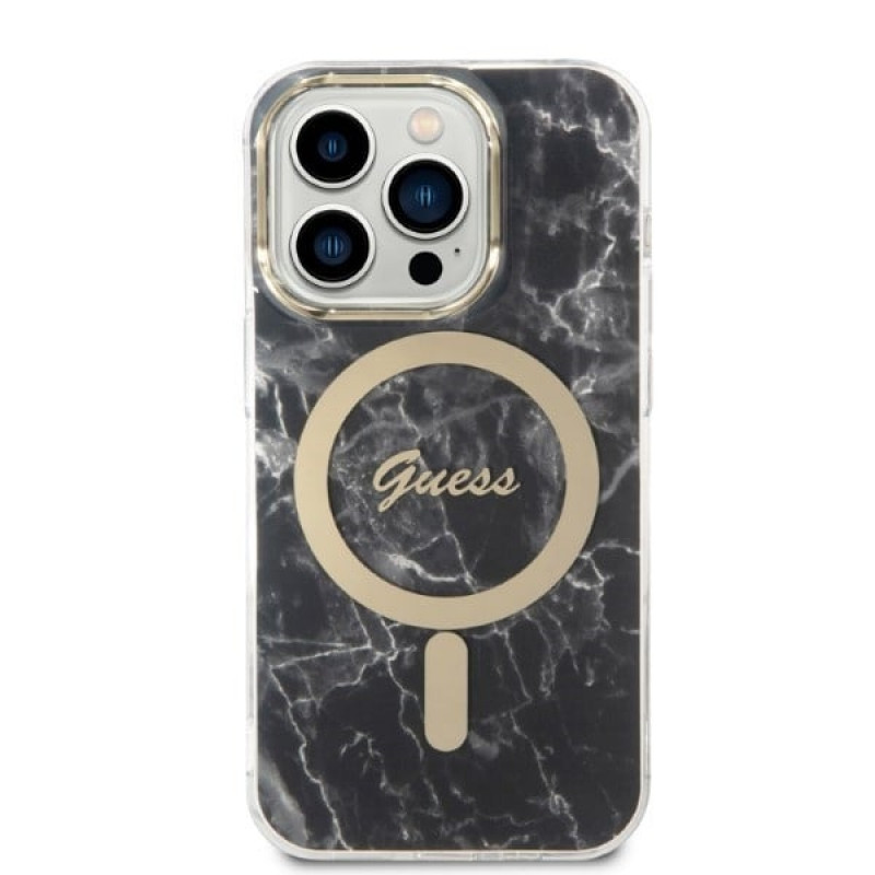 Guess GUBPP14LHMEACSK komplekts: apvāks un bezvadu lādētājs Apple iPhone 14 Pro 6.1", melns cietais apvāks Marble MagSafe