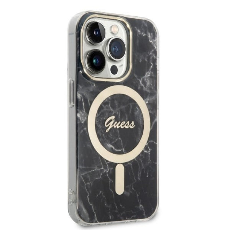 Guess GUBPP14LHMEACSK komplekts: apvāks un bezvadu lādētājs Apple iPhone 14 Pro 6.1", melns cietais apvāks Marble MagSafe