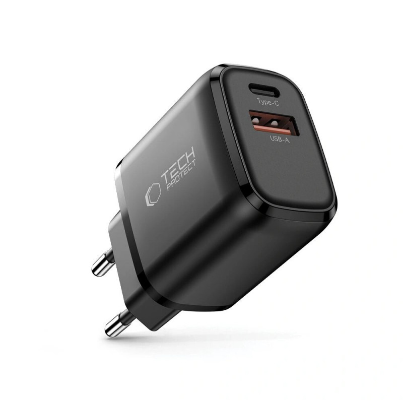 Melns Tech-Protect NCA20 lādētājs rozetei ar USB-A / USB-C pieslēgvietām, PD 20W / QC3.0