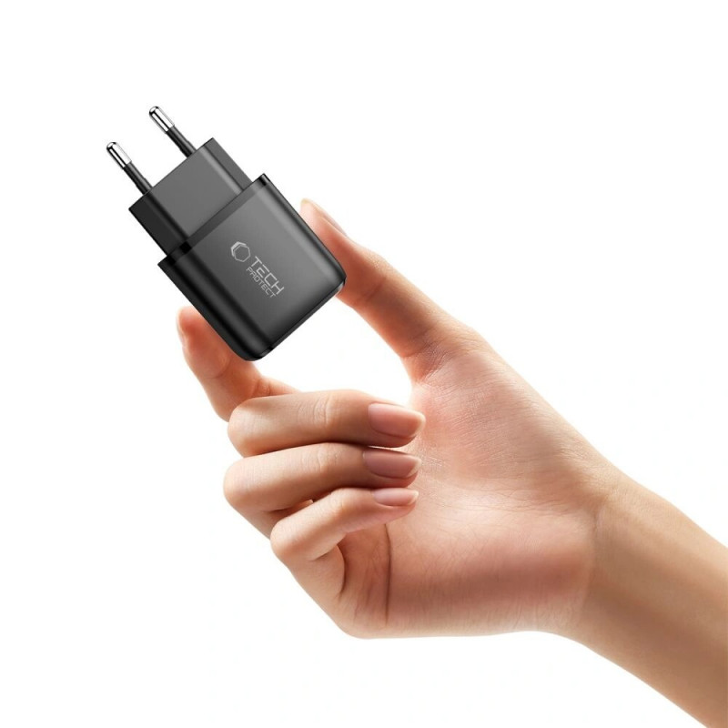 Melns Tech-Protect NCA20 lādētājs rozetei ar USB-A / USB-C pieslēgvietām, PD 20W / QC3.0