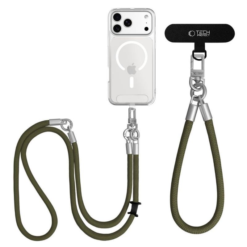 Tech-Protect C10S Rope Crossbody & Wrist siksniņu komplekts tālrunim, olīvzaļa/titāna krāsā