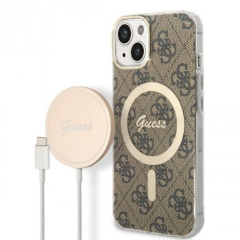 Guess GUBPP14MH4EACSW Apple iPhone 14 Plus / iPhone 15 Plus maciņš + bezvadu lādētājs, brūns cietais maciņš, 4G Print, MagSafe